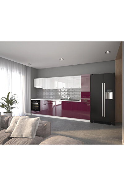visasconcept 320 Cm Elif Hazır Mutfak Dolabı Parlak Hıgh-gloss Kiler, Ankastre Ve Aspiratör Modüllü Kapaklı