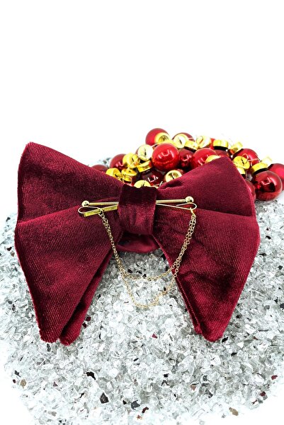 Kravatkolik Altın Renk Zincirli Bordo Kadife Büyük Papyon P1403