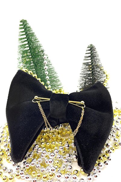 Kravatkolik Black Velvet Big Bow Tie with Gold Color Chain P1405