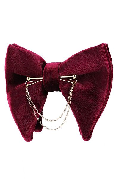 Kravatkolik Burgundy Velvet Big Bow Tie with Gold Color Chain P1403