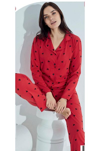 madamuce Red Cut and Patterned Pajama Set - Buttoned and Hearted