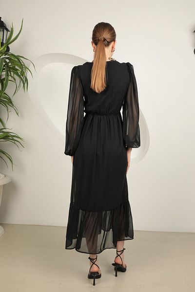 RICHMOST Women's Dress with Guipure Detail on Collar and V-neck Long Sleeve Plain Fit Chiffon Fabric Black Summer/Spring