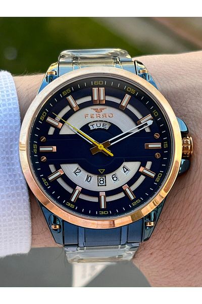 FERRO 30 Mt Waterproof Men's Wrist Watch with Steel Cord Calendar EFM11201-T