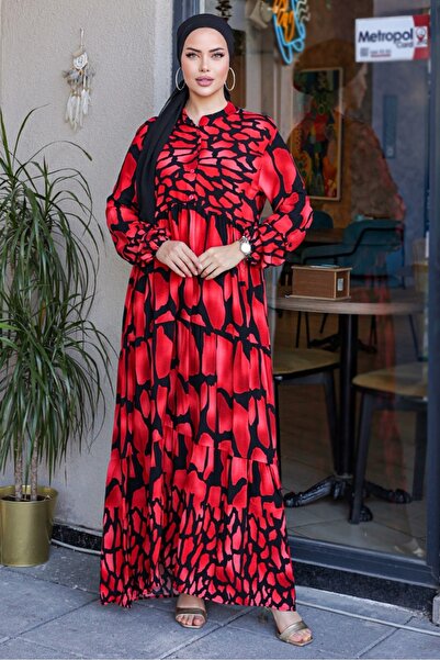 Bestenur Red Viscose Woven Piece Patterned Dress 852