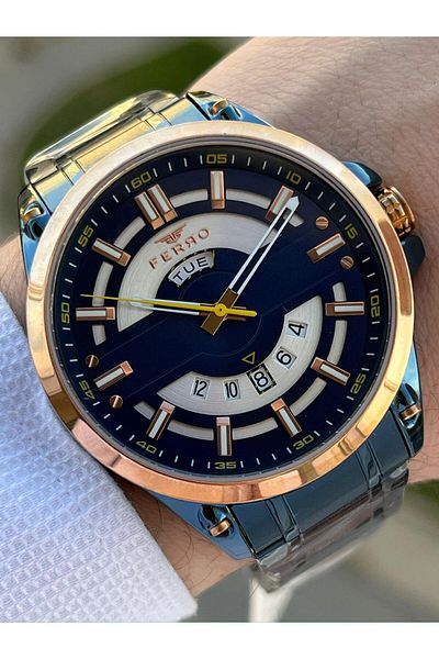 FERRO 30 Mt Waterproof Men's Wrist Watch with Steel Cord Calendar EFM11201-T