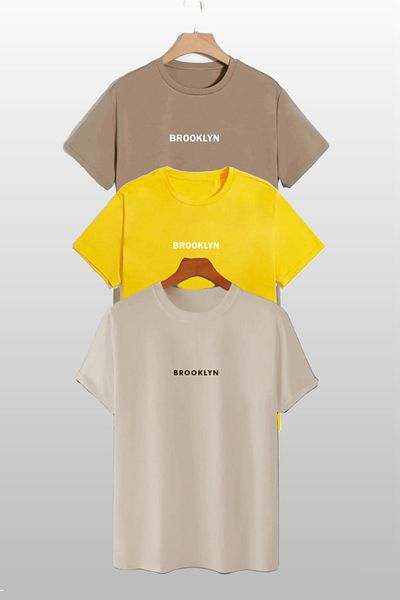 MODAGEN Unisex tričko Brooklyn s potiskem, 3 balení norkovo-žlutá-béžová