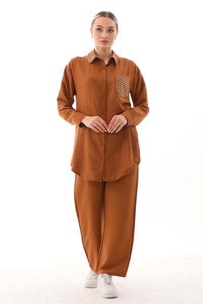 WestBound Women's Jewelled Hijab Double Summer Tunic Trousers Top and Bottom Set - Brick