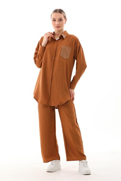 WestBound Women's Jewelled Hijab Double Summer Tunic Trousers Top and Bottom Set - Brick