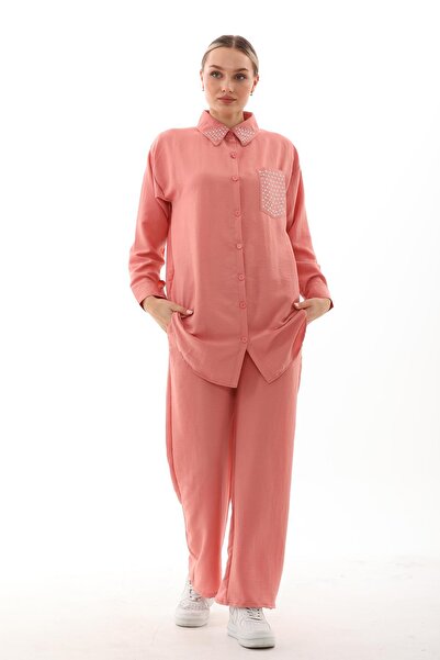 WestBound Women's Jewelled Hijab Double Summer Tunic Trousers Bottom and Top Set - Salmon