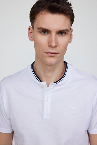 Tudors Pánské tričko Slim Fit Slim Fit 100% bavlna Plain Pique White Prevailing Collar