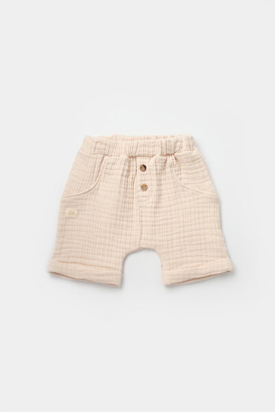 Bibaby Baby Girl Lamb Friends Muslin Fabric with Front Button Shorts 2-Piece Beige Set - 6 - 36 Months - Organic -