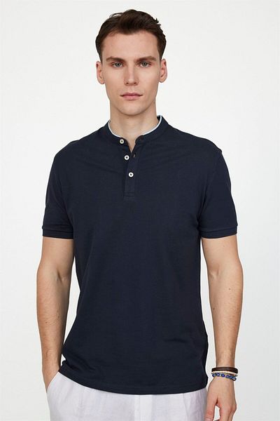 Tudors Ανδρικό μπλουζάκι με λεπτή εφαρμογή Slim Fit 100% βαμβακερό απλό πικέ μπλε ναυτικό μπλουζάκι με γιακά