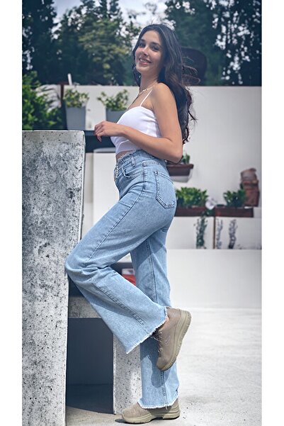 BAHAR BUTİK TAŞ DETAYLI WİDE LEG PANTOLON MAVİ