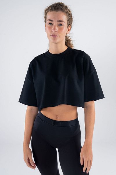 Friday Offset Tricou crop supradimensionat, negru, 100% bumbac, pentru femei Monica
