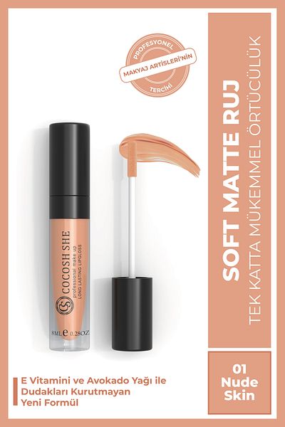 Cocosh She Soft Matte Liquid Matte Lipstick 01 Nude Skin, Vitamin E, Avocado Oil, Creamy Texture, Matte Finish, Non-Smudging