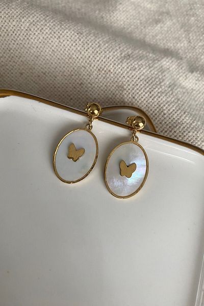 fuya design Butterfly Steel Earrings on Oval Mother of Pearl