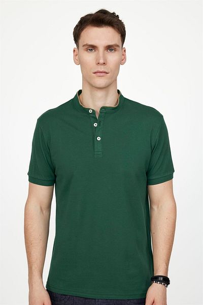 Tudors Ανδρικό μπλουζάκι με λεπτή εφαρμογή Slim Fit 100% βαμβακερό απλό πικέ πράσινο γιακά μπλουζάκι