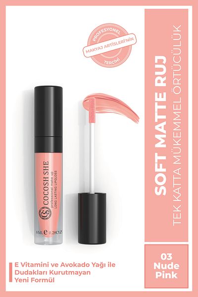 Cocosh She Soft Matte Liquid Matte Lipstick 03 Nude Pink, Vitamin E, Avocado Oil, Creamy Texture, Matte Finish, Non-Smudging