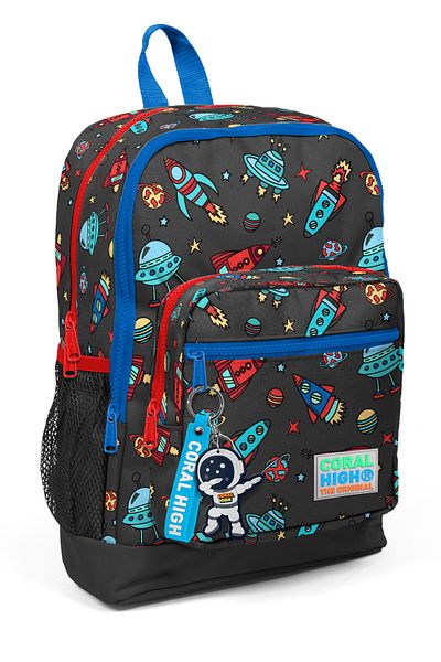 Coral High Kids Dark Gray Red Space Patterned Four Compartment School Backpack 23469