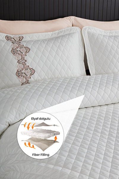 Patterson Dantelli Yatak Örtüsü Çift Kişilik %100 Pamuk Elyaf Dolgulu May ( Pike ) Seti Güpürlü Kırık Beyaz
