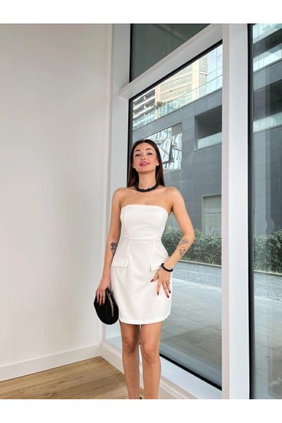 My Blog Rochie mini albă fără bretele cu aspect de buzunar