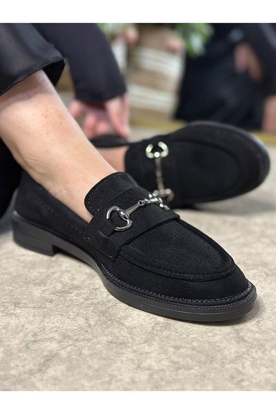 İmerShoes Mocasini de zi cu zi din piele întoarsă neagră, platinata, cu talpa clasica, cu catarama, cu varf oval, pantofi mocasin 120