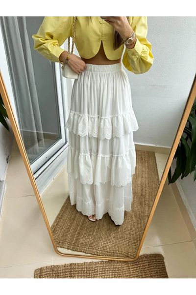 My Blog Fustă festonată în straturi de lungime maxi ecru