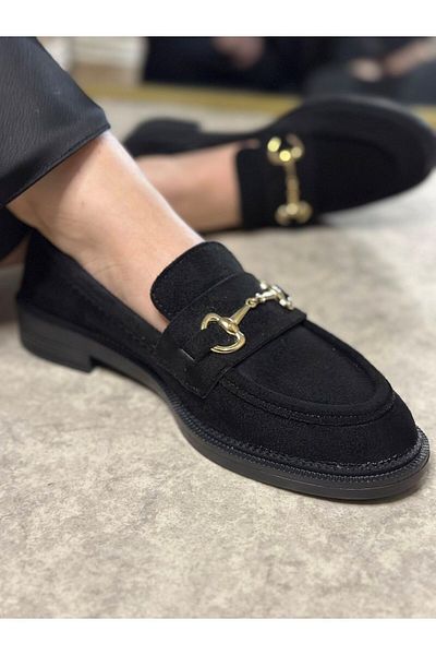 İmerShoes Daily Mocasin din piele întoarsă neagră pentru femei, auriu, cu model clasic, cu catarama, pantofi mocasin cu varf oval 120