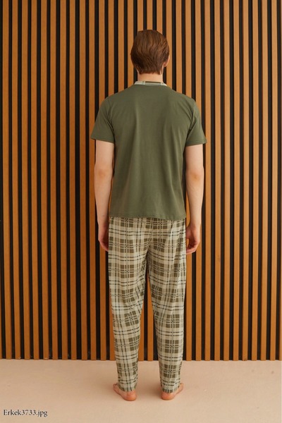 MEBA Men's Short Sleeve Khaki Green Seasonal Collar Buttoned Dowry Pajamas Set /3