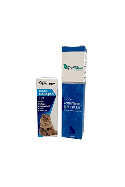 Perry Kediler İçin Biotin Collagen 50ml + Petamin Tüy Yumağı Önleyici Malt 100gr