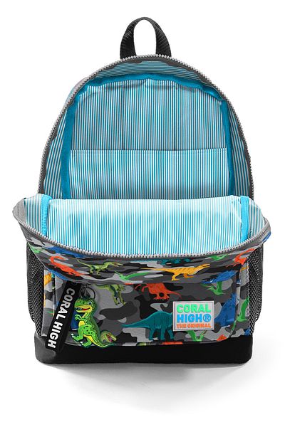Coral High Rucsac școlar cu patru compartimente pentru copii, gri închis, negru, camuflaj, cu model de dinozaur 23474