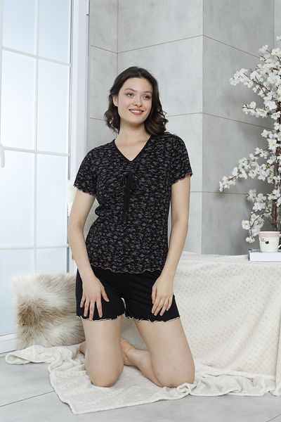 Night Star Short Sleeve Women's Shorts Set Black Top Floral