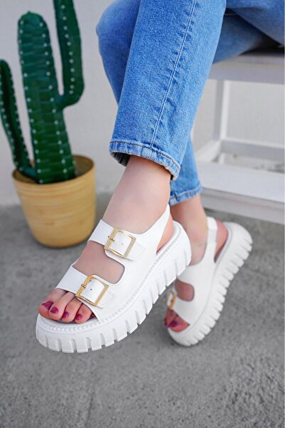 Dicle Stil Curea Detaliată Tocuri cu pană Cataramă dublă Sandale albe de damă...