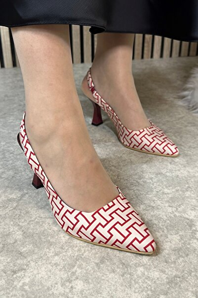 Allyup Casual Women's Red Heeled Shoes Pointed Toe High Thin Heeled Open Back Classic 281