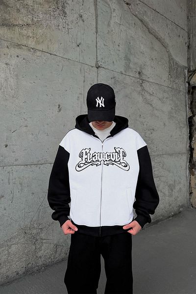 Flaw Wear Flaw Atelier Embroidered White Oversize Zip Hoodie