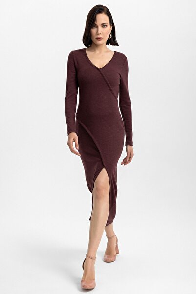 Evermade V Yakalı Uzun Kollu Yırtmaçlı Elbise