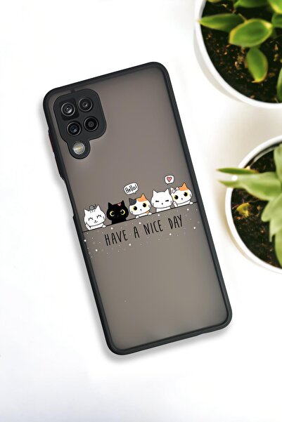 mooodcase Samsung Galaxy A12 Uyumlu Şirin Kedicikler Desenli Buzlu Şeffaf Lüx Telefon Kılıfı
