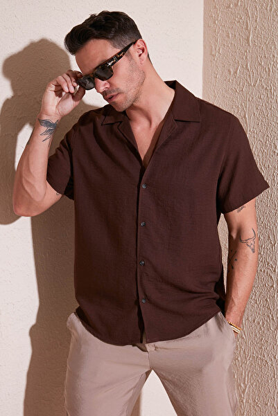 Buratti Keten Görünümlü Kısa Kollu Apaş Yaka Regular Fit Gömlek Erkek GÖMLEK ...
