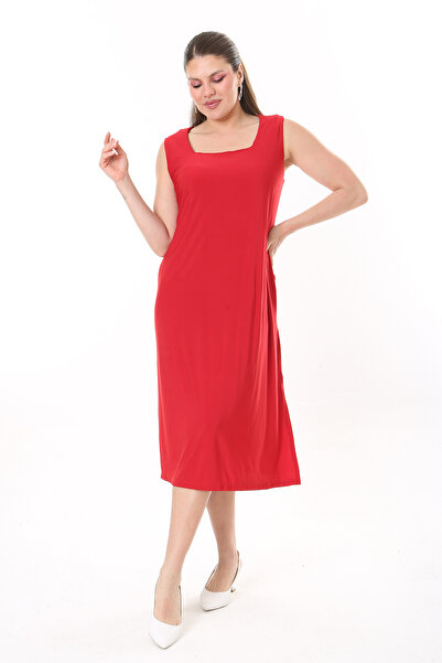 Şans Women's Plus Size Red Square Collar Sleeveless Long Dress 65N37738