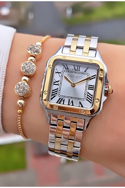 Ferrucci Ferruci Brand Yellow Silver Color Steel Cord Women's Wristwatch - Bracelet