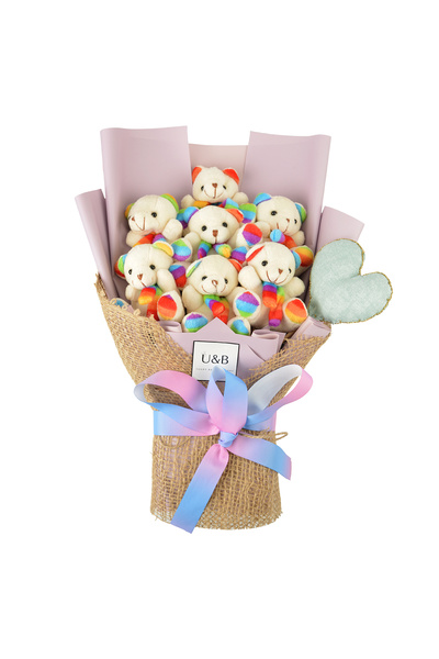 u&b teddy bear flowers Lila Gökkuşağı Kalpli Ayıcık Buketi