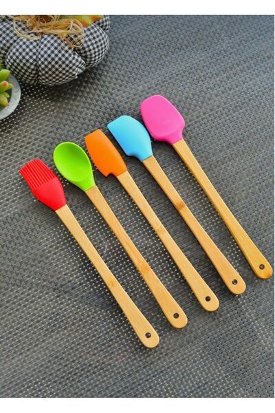 M Mimoza Park Colorful Bamboo - Set of 5 Silicone Tip Spatula and Brushed Spoon