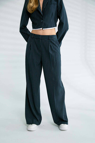 Robin Laura Çizgili Loose Fit Pantolon Lacivert
