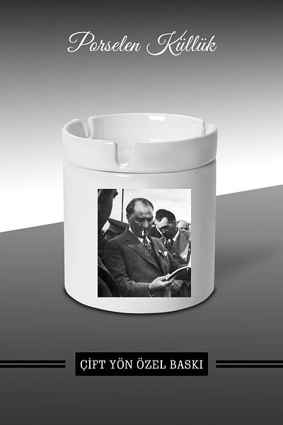 yhfoto Μ.Κ. Σχεδιασμένο τασάκι ATATÜRK - Πορσελάνινο τασάκι - Επιτραπέζιο τασάκι