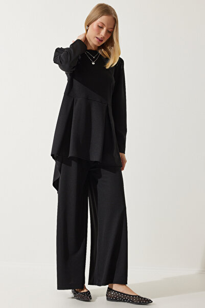 Happiness İstanbul Women's Black Flowing Tunic Palazzo Knitted Suit DD01318