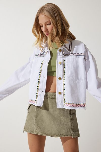 Happiness İstanbul Weiße, bestickte, mit Quasten besetzte Oversize-Jeansjacke für Damen SA00018