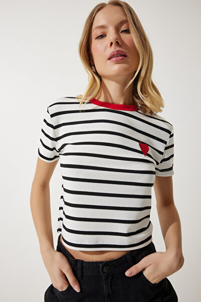 Happiness İstanbul Női fehér szívvel hímzett csíkos pamut kötött póló CR00432