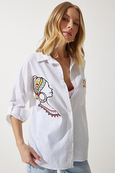 Happiness İstanbul Dámská ecru vyšívaná detailní oversize plátěná košile DE00006