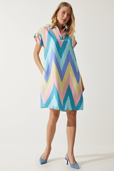 Happiness İstanbul Női púderkék polo galléros mintás nyári ruha OF00001