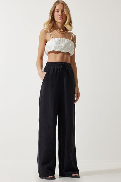 Happiness İstanbul Women's Black Muslin Palazzo Pants MX00160